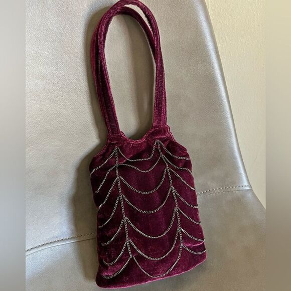 Vintage Handbags - Vintage burgundy velvet glam goth spider web chains mini bag wristlet formal